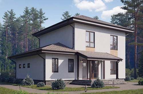 Проект двухэтажного дома из газобетона, камня и кирпича