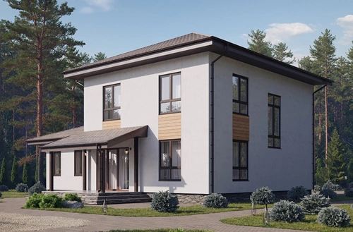 Проект двухэтажного дома из газобетона, камня и кирпича