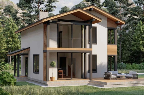 Проект двухэтажного дома из газобетона, камня и кирпича