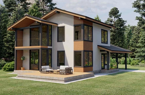 Проект двухэтажного дома из газобетона, камня и кирпича